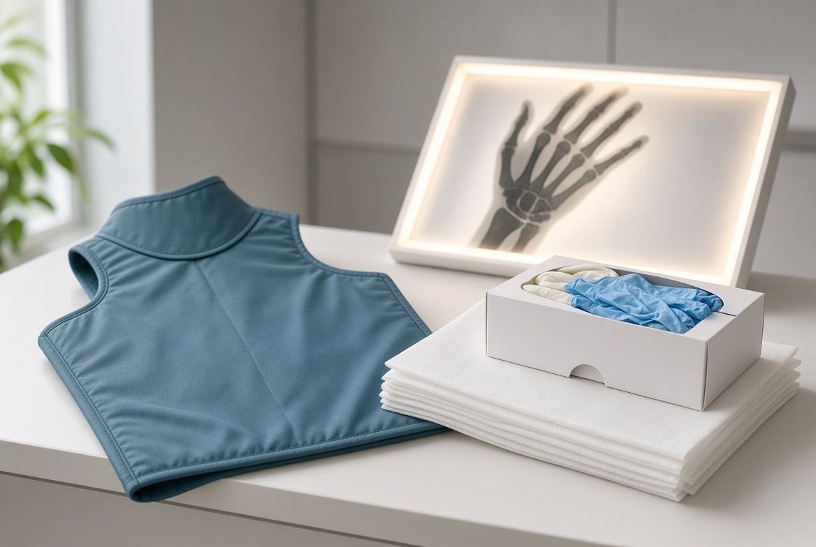 Medizinische Verbrauchsmaterialien mit Röntgenbild einer Hand auf einem Leuchtschirm